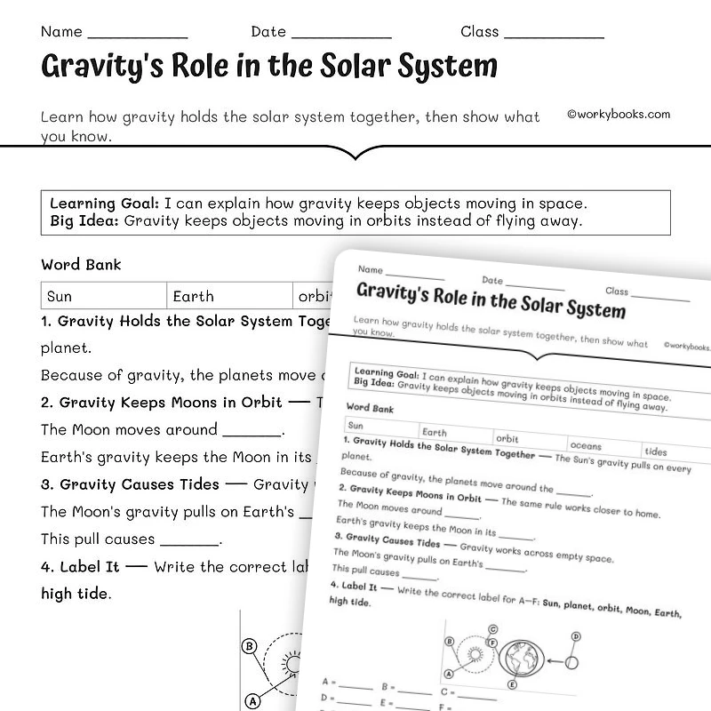 Gravity's Role in the Solar System — science worksheet for Grade 5, Grade 6, Grade 7, Grade 8, page 1 of null