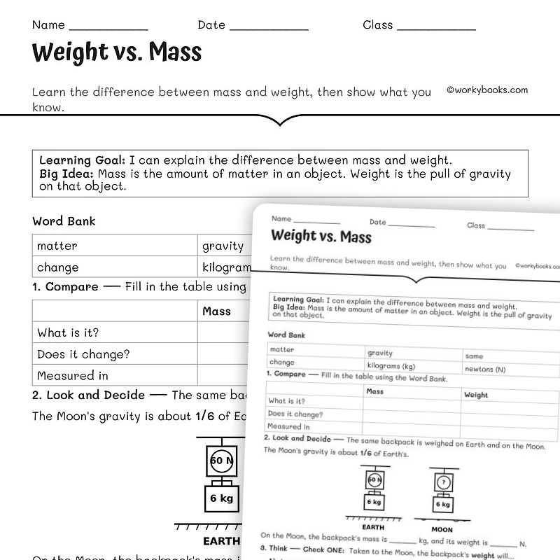 Weight vs. Mass — science worksheet for Grade 5, Grade 6, Grade 7, Grade 8, page 1 of null