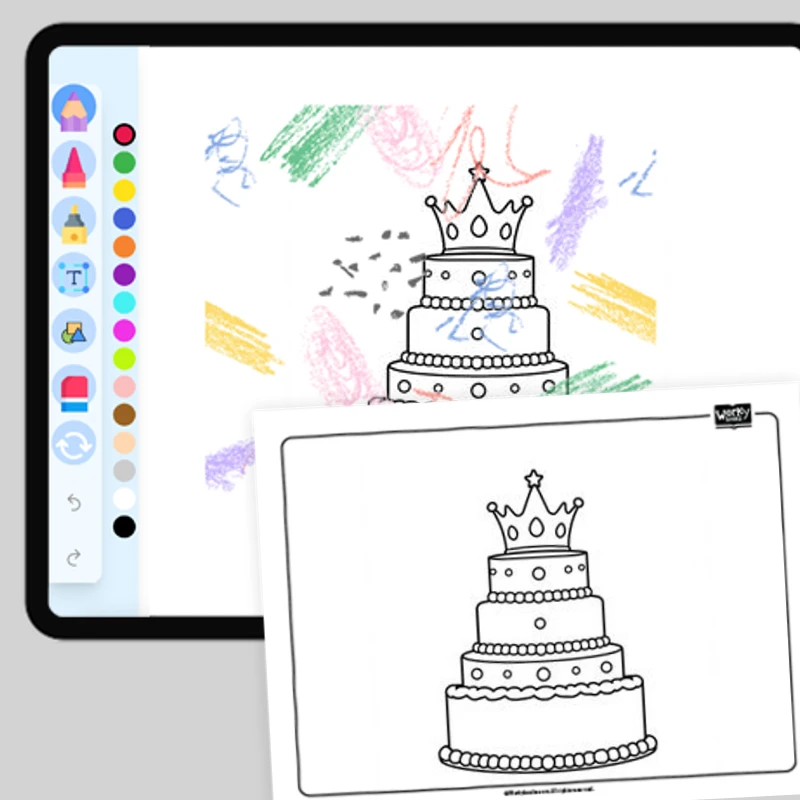 Birthday Cake with Crown — coloring-pages coloring page for Grade 1, Grade 2, Grade 3, Grade 4, Grade 5, page 1 of 1