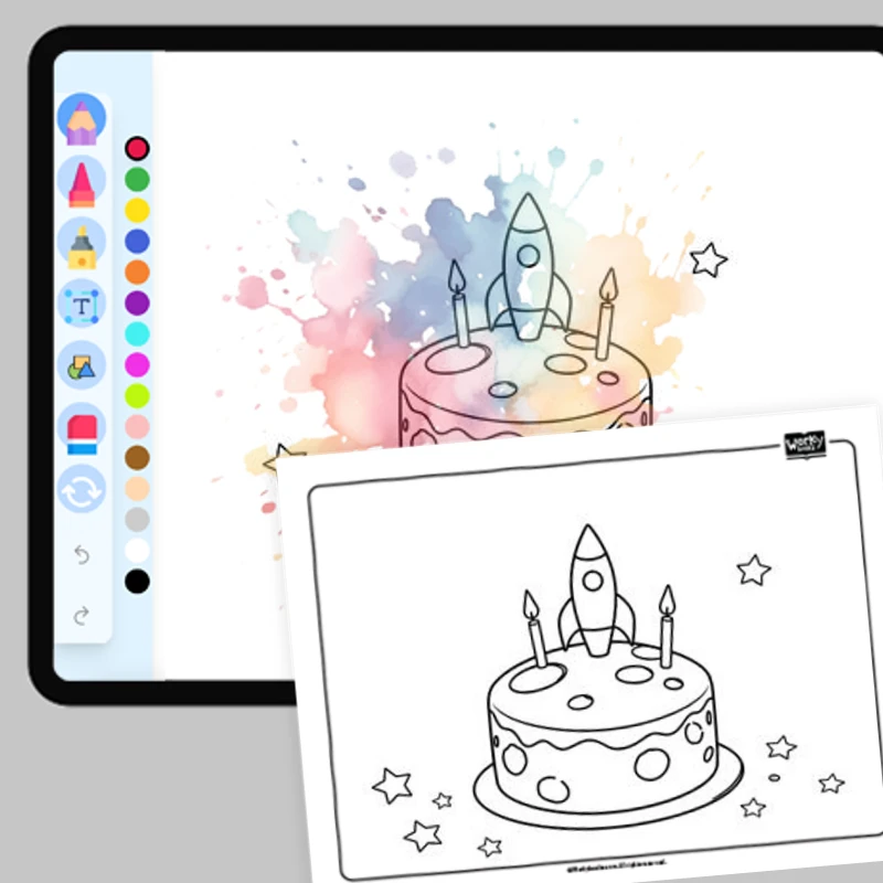 Space Birthday Cake — coloring-pages coloring page for Grade 1, Grade 2, Grade 3, Grade 4, Grade 5, page 1 of 1