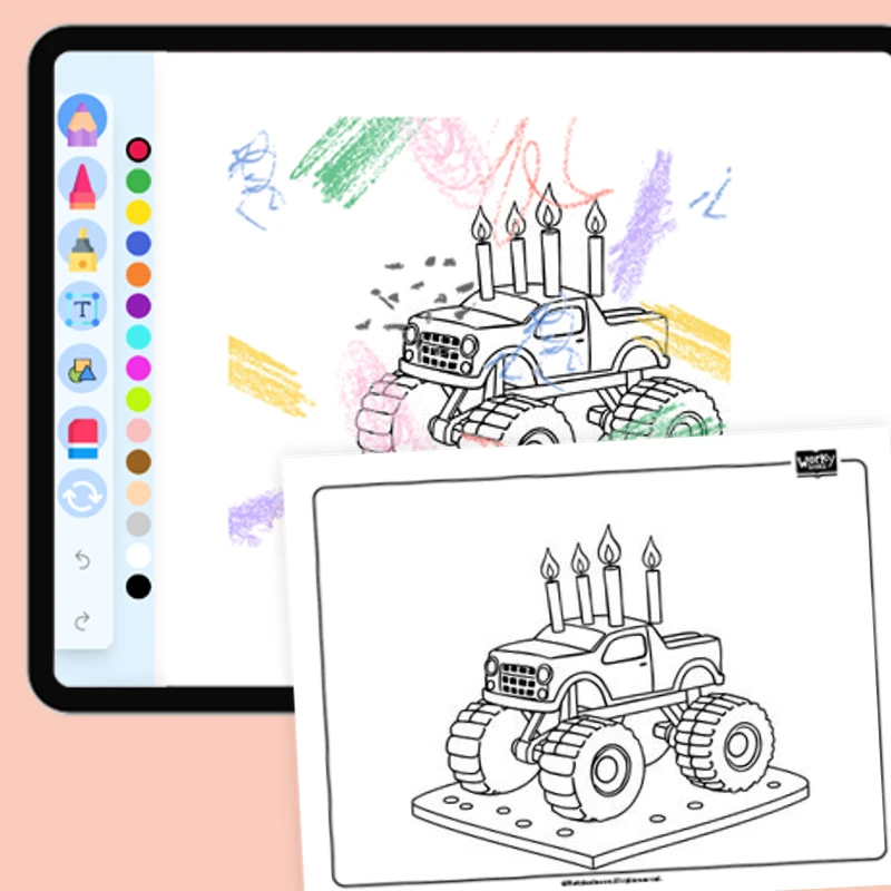 Monster Truck Birthday Cake — coloring-pages coloring page for Grade 1, Grade 2, Grade 3, Grade 4, Grade 5, page 1 of 1