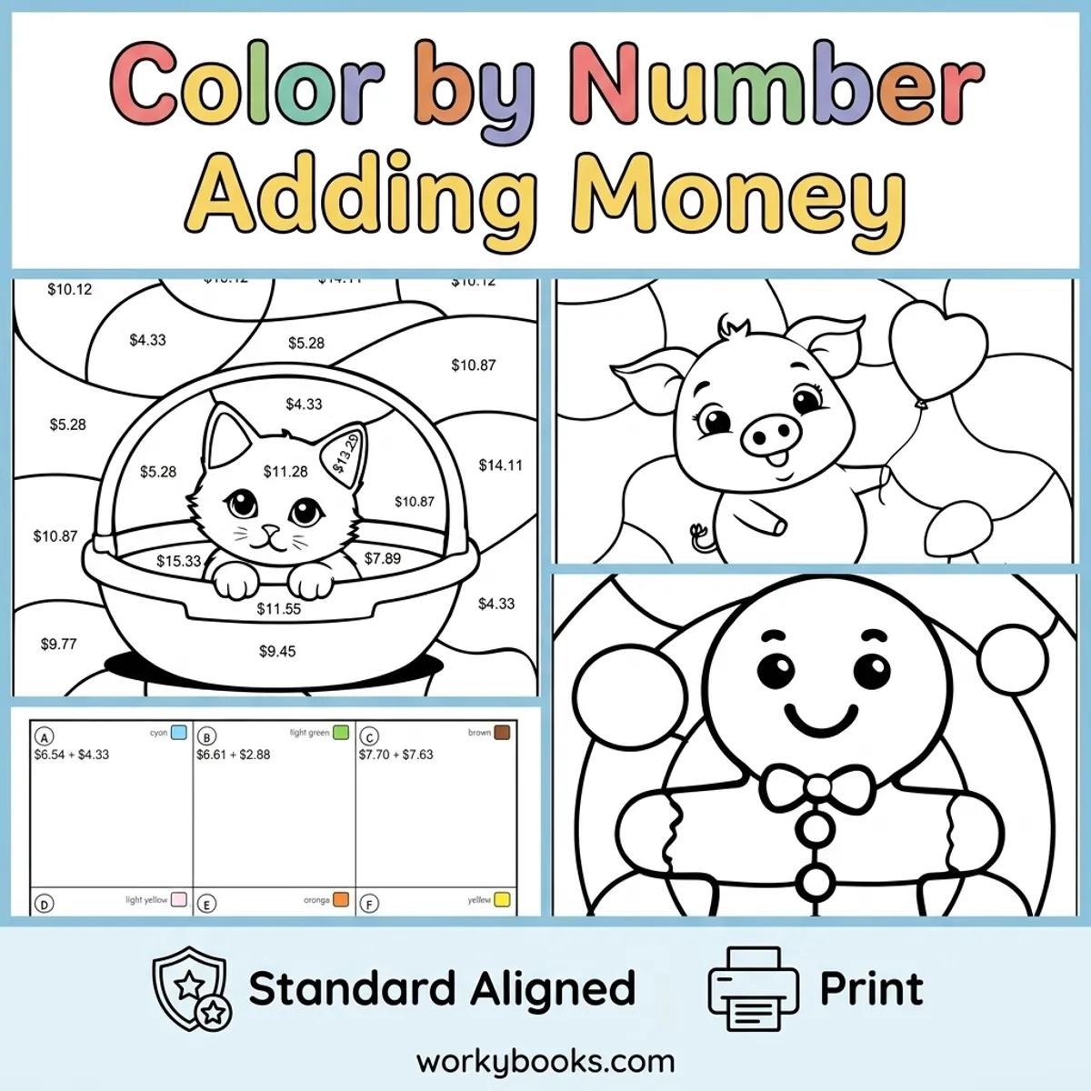Adding Money | Color by Number | Worksheet — math bundle for Grade 2, Grade 3, Grade 4, page 1 of undefined