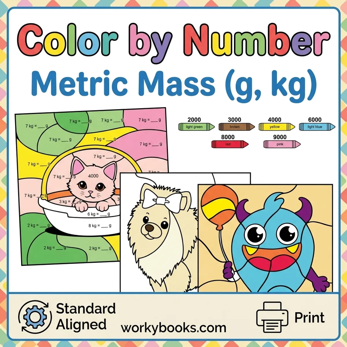Metric Mass Conversion | Color by Number Worksheets | g to kg — math bundle for Grade 4, Grade 5, page 1 of undefined