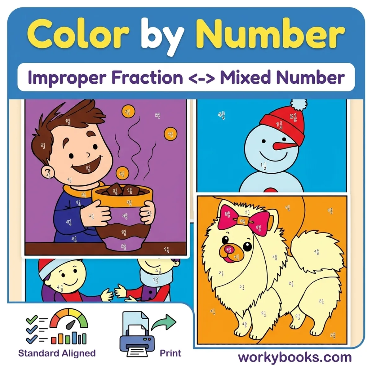 Improper Fractions to Mixed Numbers | Color by Number | Worksheet — math bundle for Grade 4, Grade 5, page 1 of undefined
