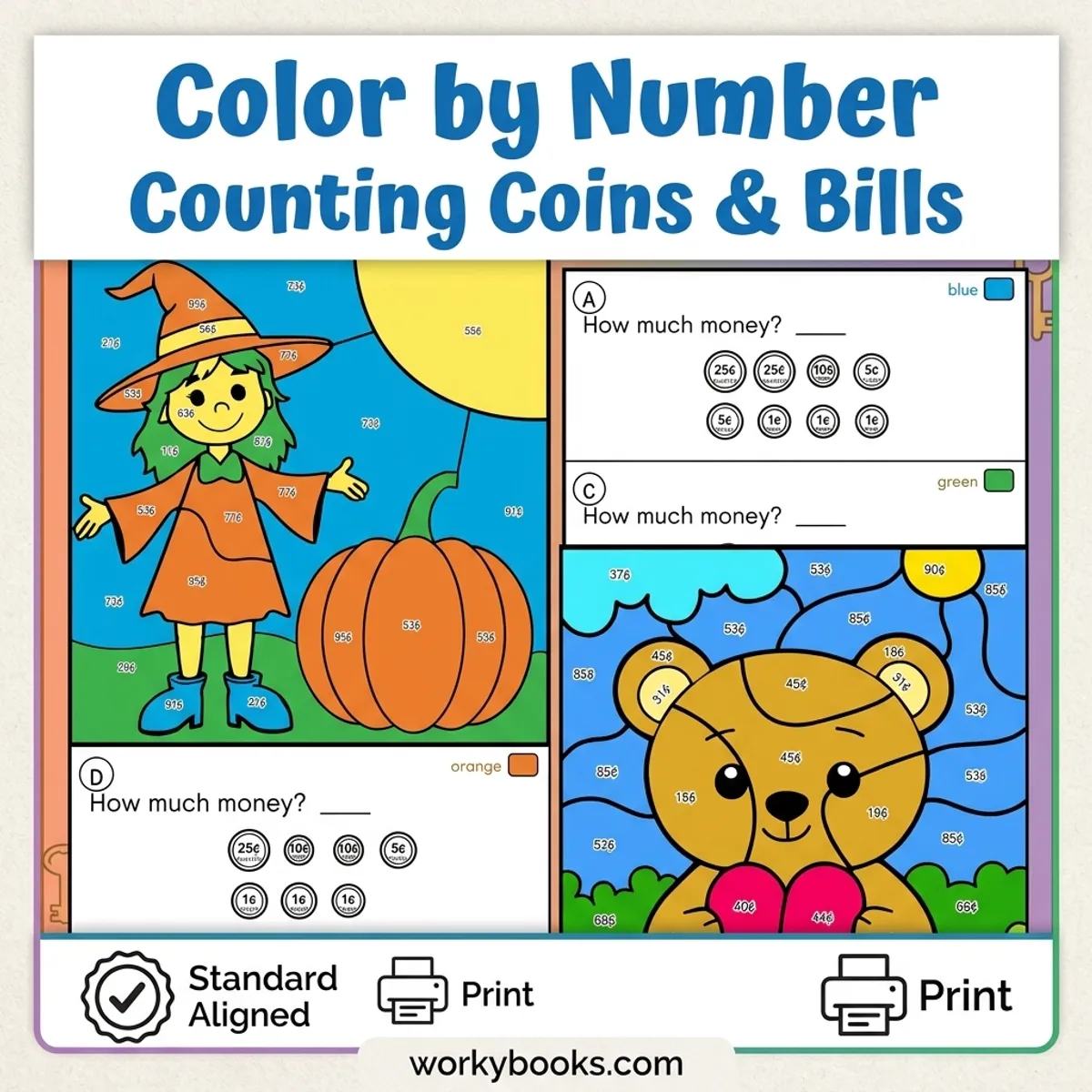Counting Coins | Color by Number | Worksheet — math bundle for Grade 2, page 1 of undefined