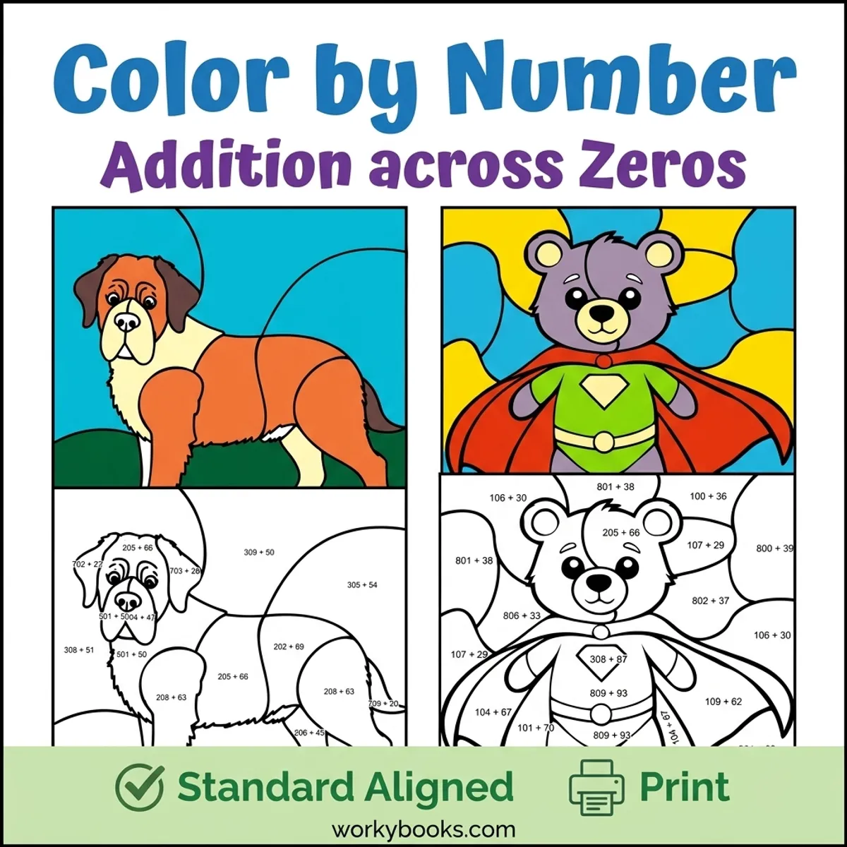 Addition Across Zeros | Color by Number | Worksheet — math bundle for Grade 3, Grade 4, page 1 of undefined