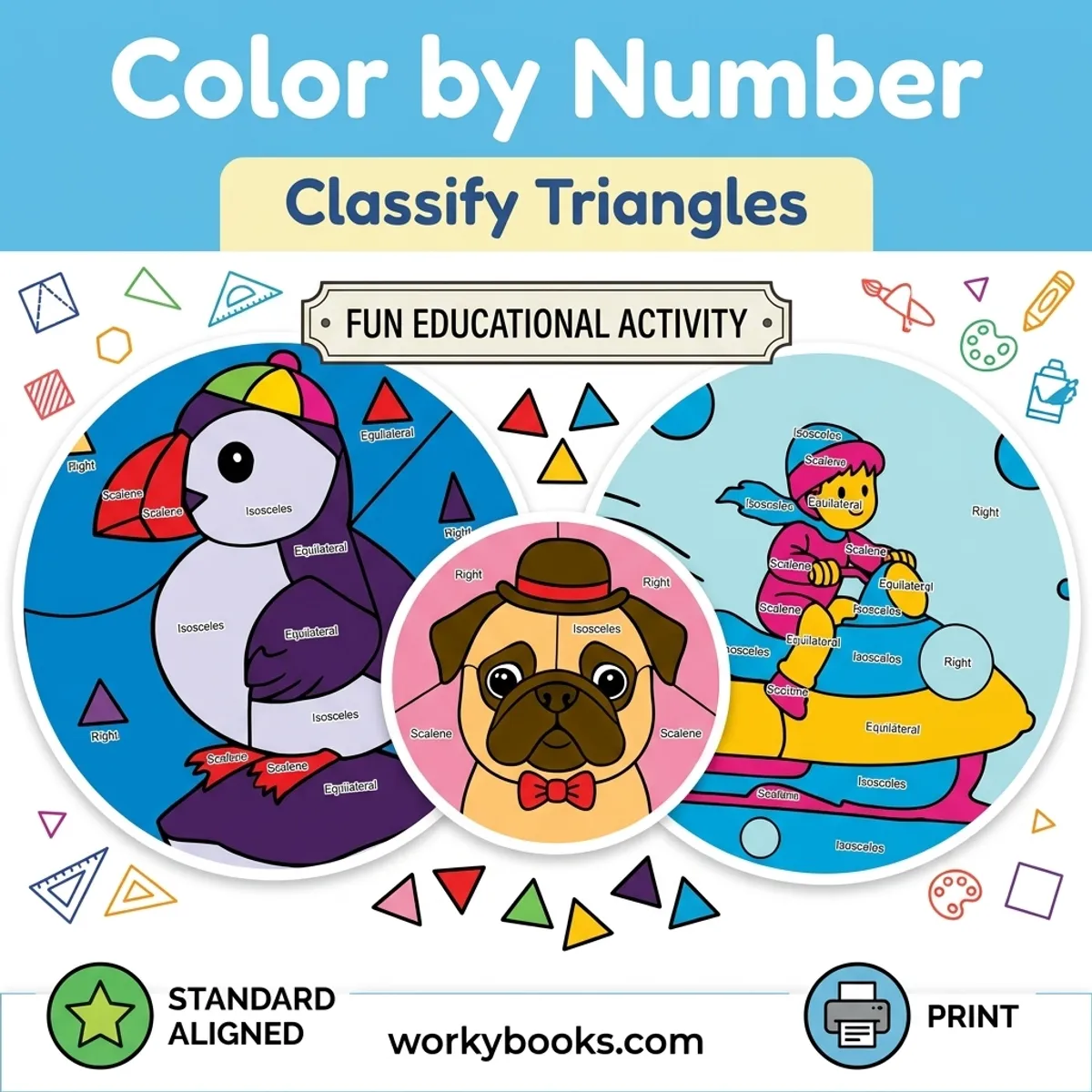 Classifying Triangles | Color by Code | Worksheet — math bundle for Grade 4, Grade 5, page 1 of undefined