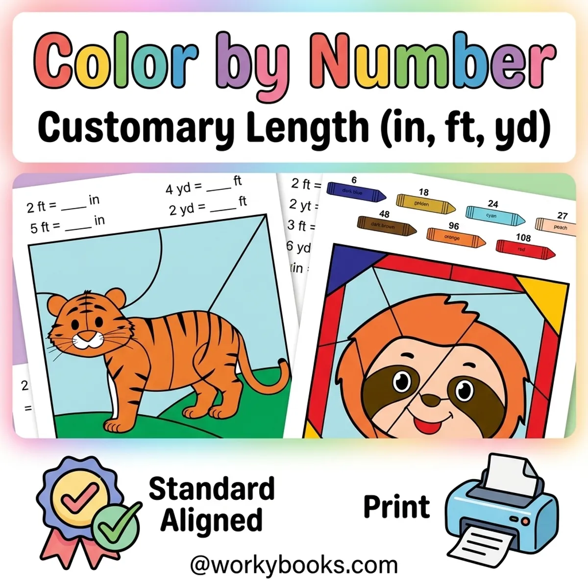 Customary Length Conversion | Color by Number | Worksheet — math bundle for Grade 4, Grade 5, page 1 of undefined