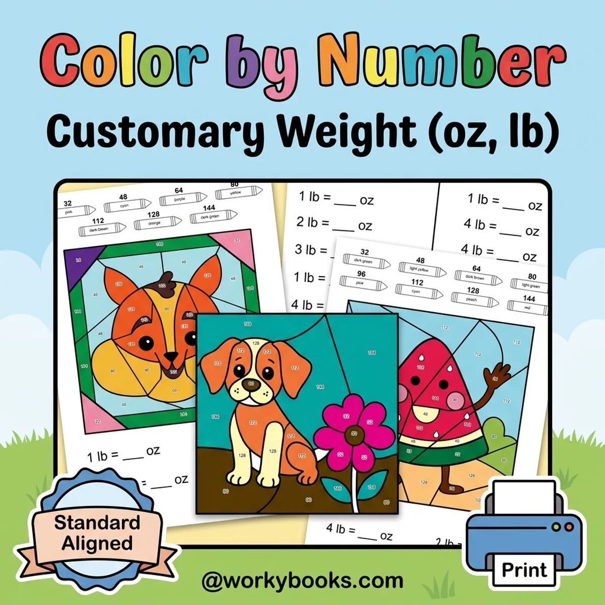 Customary Weight Conversion | Color by Number | Worksheet — math bundle for Grade 4, Grade 5, page 1 of undefined