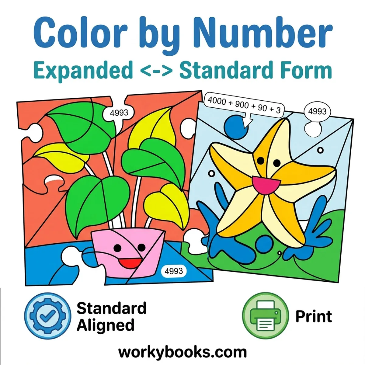 Expanded Form to Standard Form | Color by Number | Worksheet — math bundle for Grade 2, Grade 3, Grade 4, Grade 5, page 1 of undefined