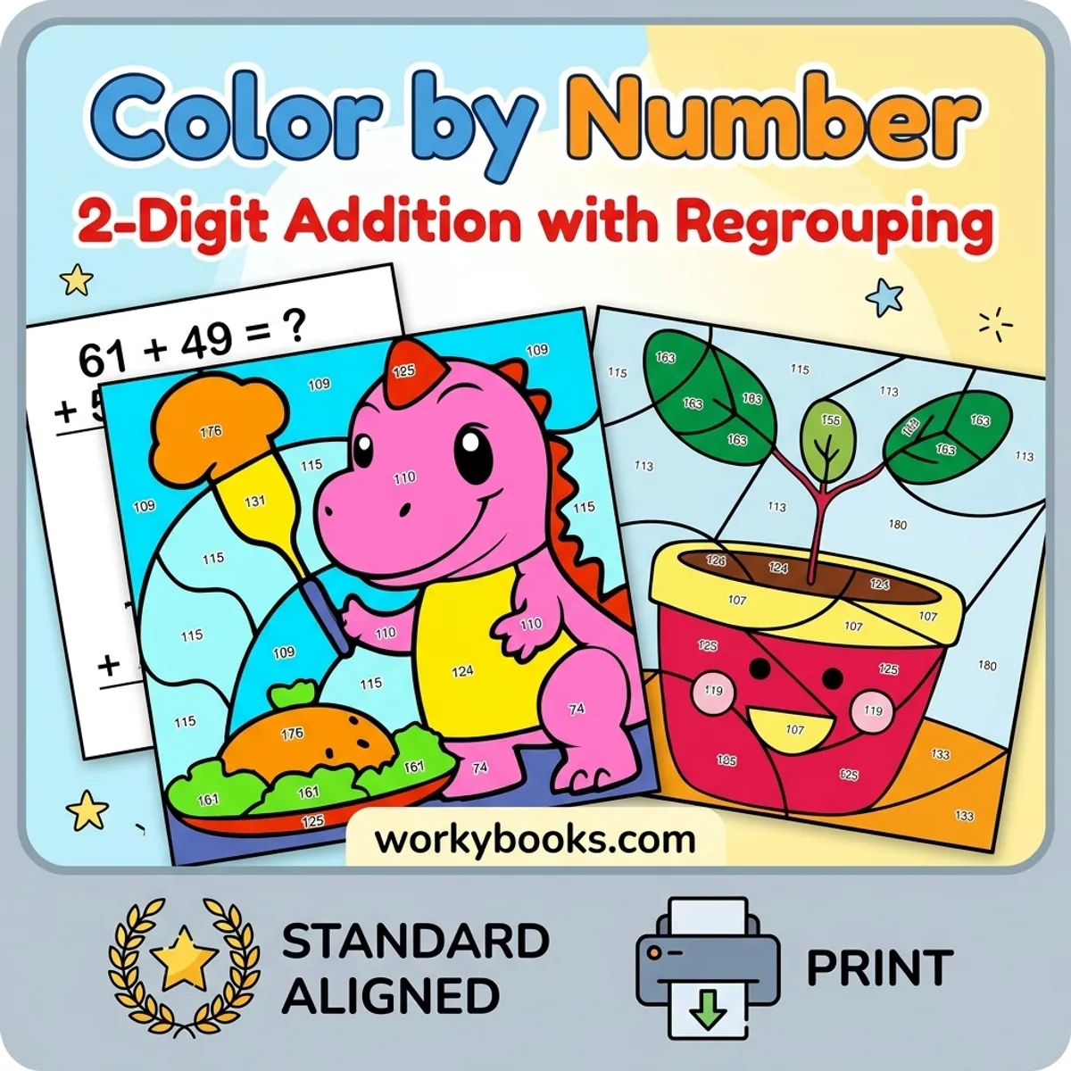 2-Digit Addition with Regrouping | Color by Number Worksheet — math bundle for Grade 2, page 1 of undefined