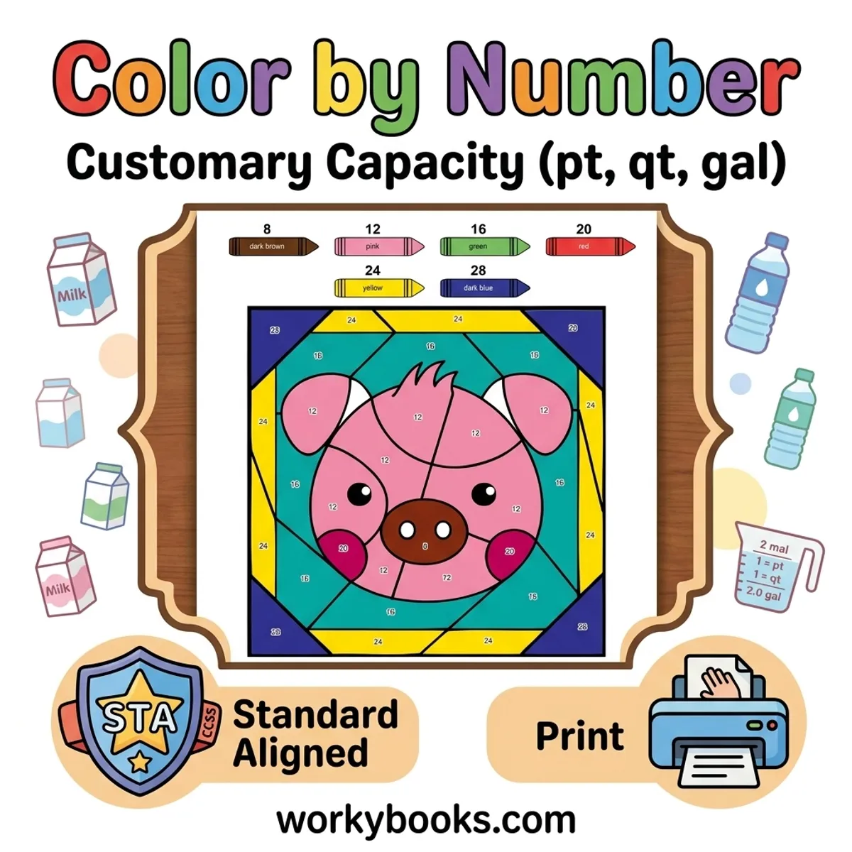 Customary Capacity | Color by Number | Worksheet — math bundle for Grade 4, Grade 5, page 1 of undefined