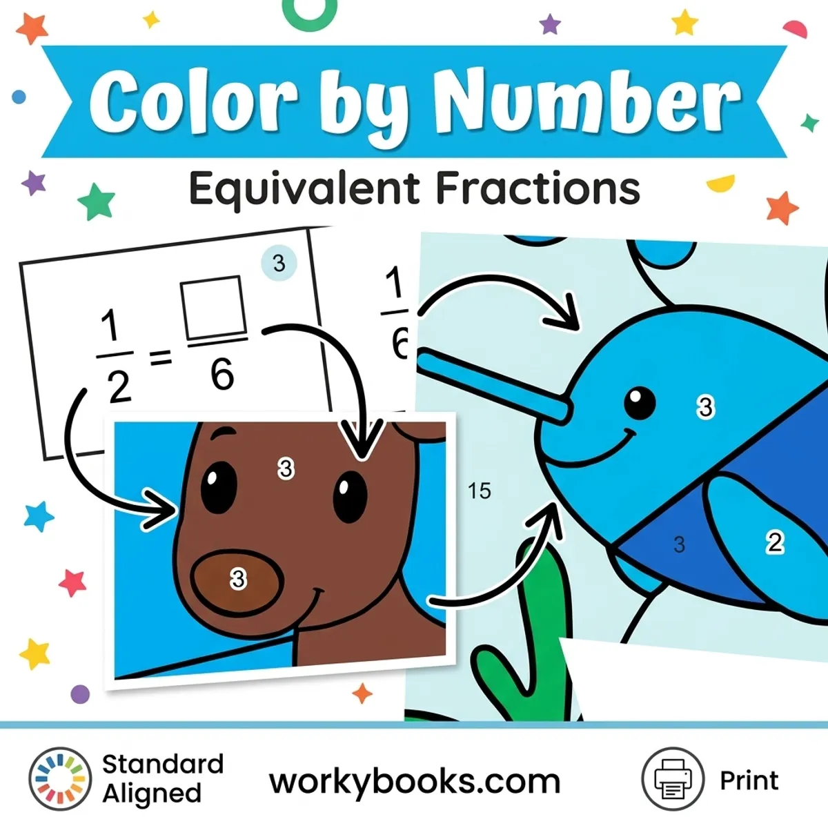Equivalent Fractions | Color by Number | Worksheet — math bundle for Grade 3, Grade 4, page 1 of undefined