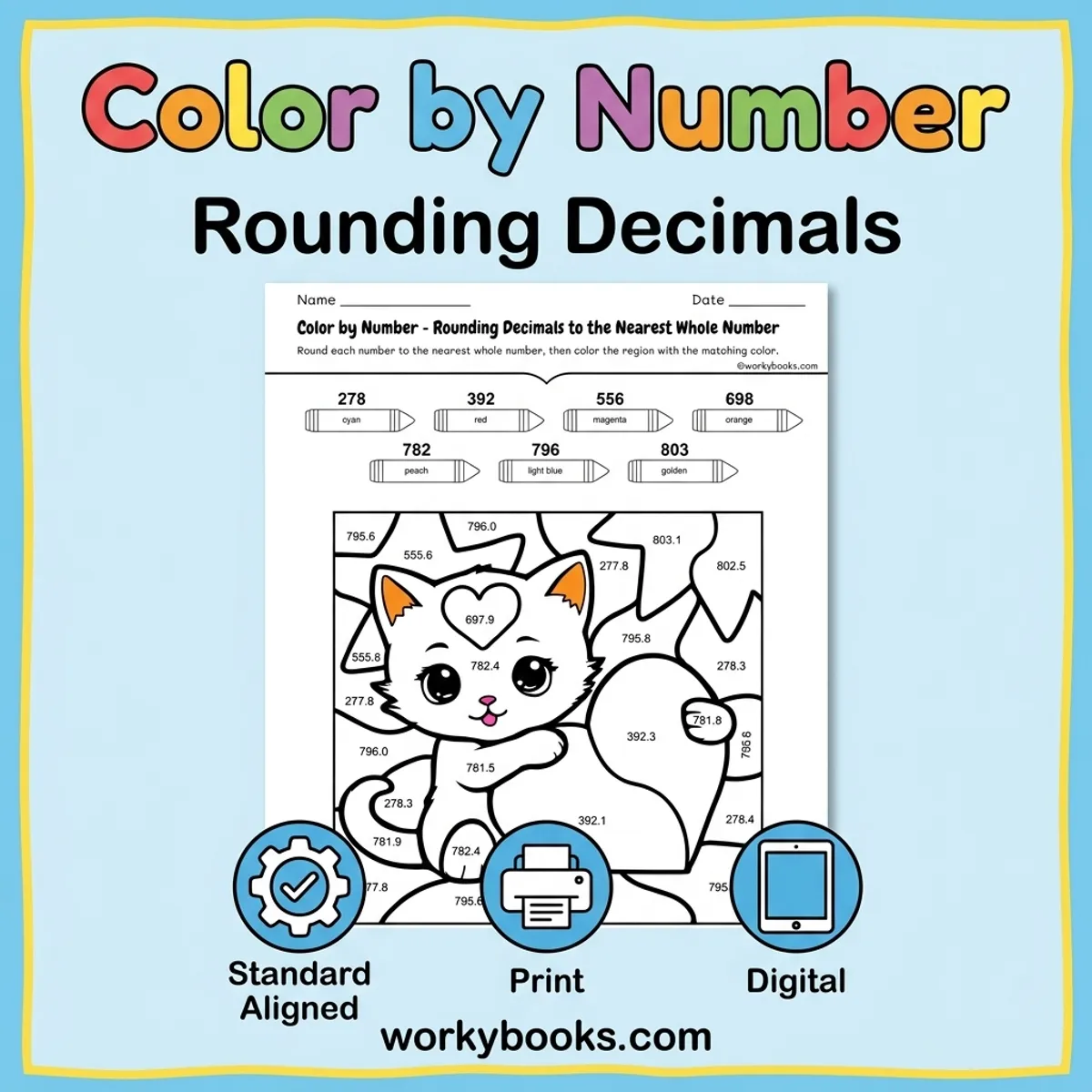 Color by Number | Rounding Decimals to the Nearest Whole Number — math bundle for Grade 5, page 1 of undefined