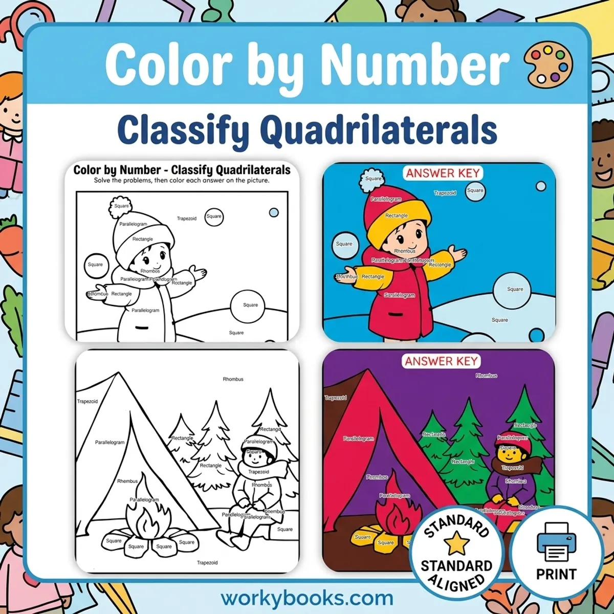 Classify Quadrilaterals | Color by Number | Worksheet — math bundle for Grade 3, Grade 4, Grade 5, page 1 of undefined