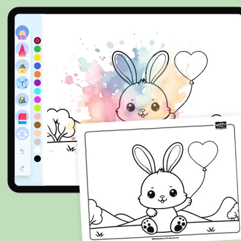 Bunny with a Heart Balloon — coloring-pages coloring page for Grade 1, Grade 2, Grade 3, Grade 4, Grade 5, page 1 of 1