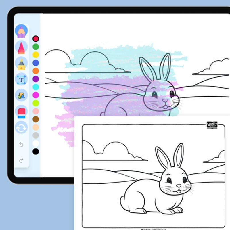 Happy Bunny in a Field — coloring-pages coloring page for Grade 1, Grade 2, Grade 3, Grade 4, Grade 5, page 1 of 1