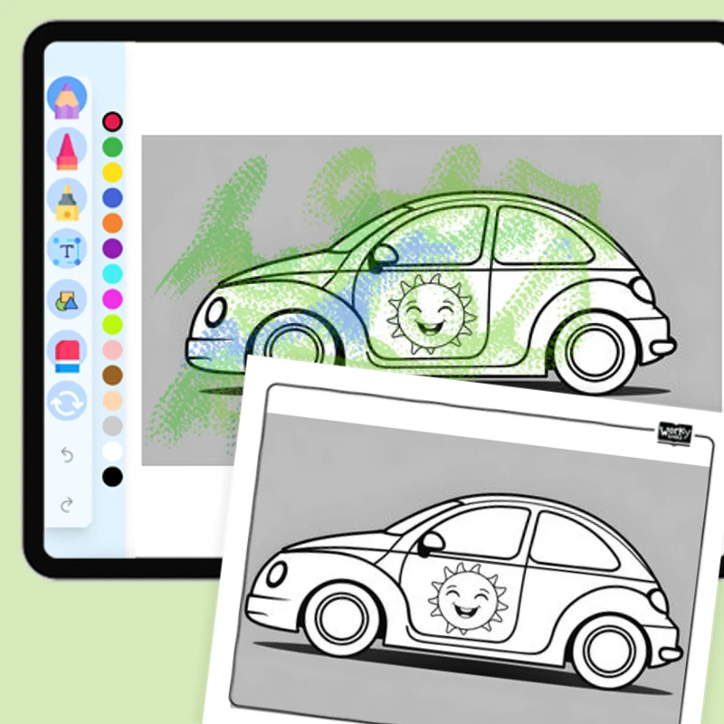 Car with a Smiling Sun Decal — coloring-pages coloring page for Grade 1, Grade 2, Grade 3, Grade 4, Grade 5, page 1 of 1