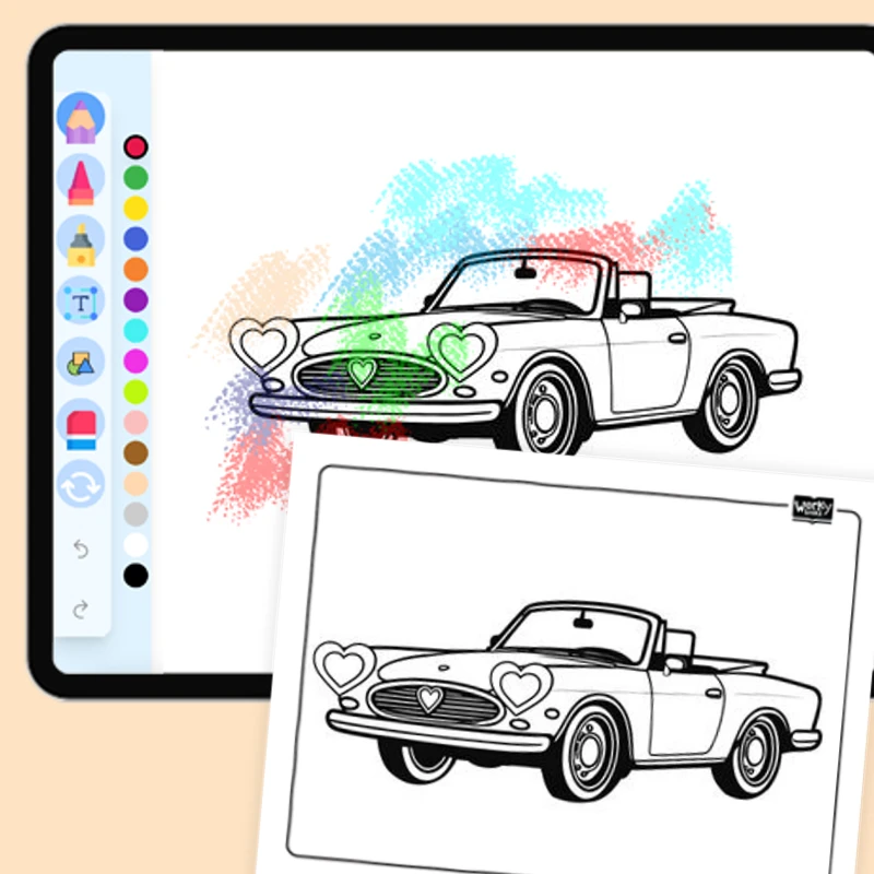 Car with Heart-Shaped Headlights — coloring-pages coloring page for Grade 1, Grade 2, Grade 3, Grade 4, Grade 5, page 1 of 1