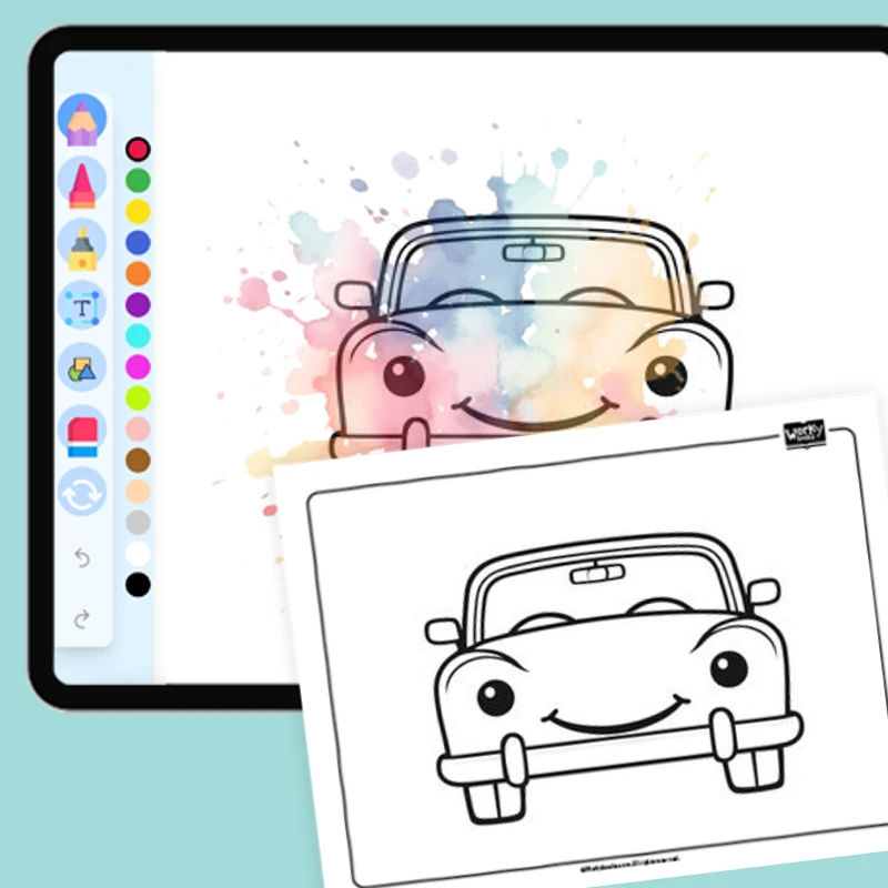Car with a Smiley Face — coloring-pages coloring page for Grade 1, Grade 2, Grade 3, Grade 4, Grade 5, page 1 of 1