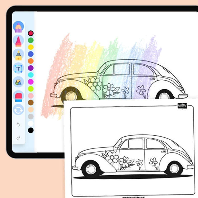 Car with Flower Decals — coloring-pages coloring page for Grade 1, Grade 2, Grade 3, Grade 4, Grade 5, page 1 of 1
