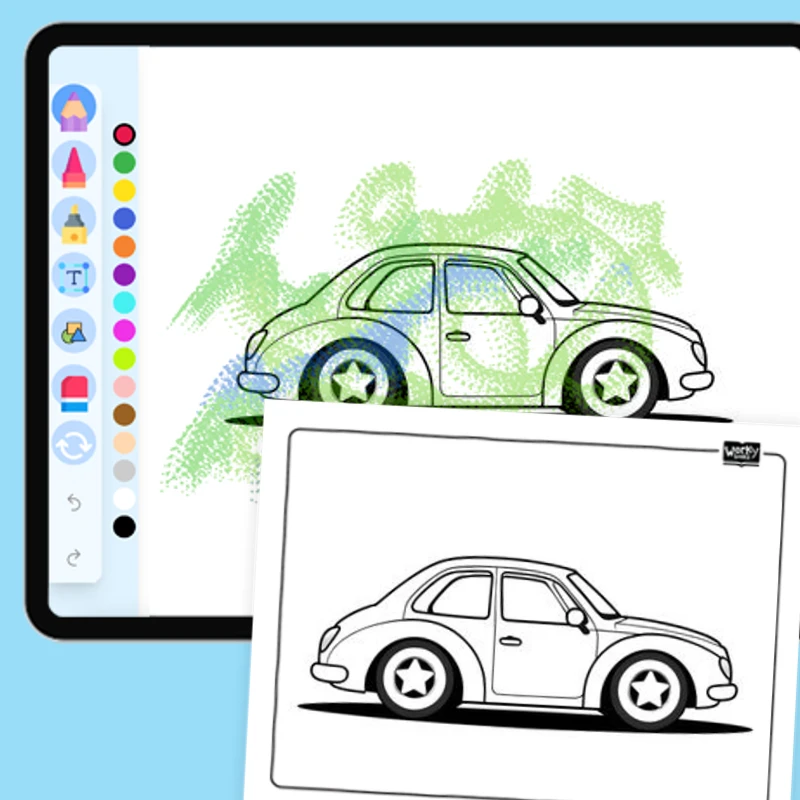 Car with Star-Shaped Wheels — coloring-pages coloring page for Grade 1, Grade 2, Grade 3, Grade 4, Grade 5, page 1 of 1