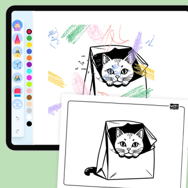 Cat hiding in a paper bag — coloring-pages coloring page for Grade 1, Grade 2, Grade 3, Grade 4, Grade 5, page 1 of 1