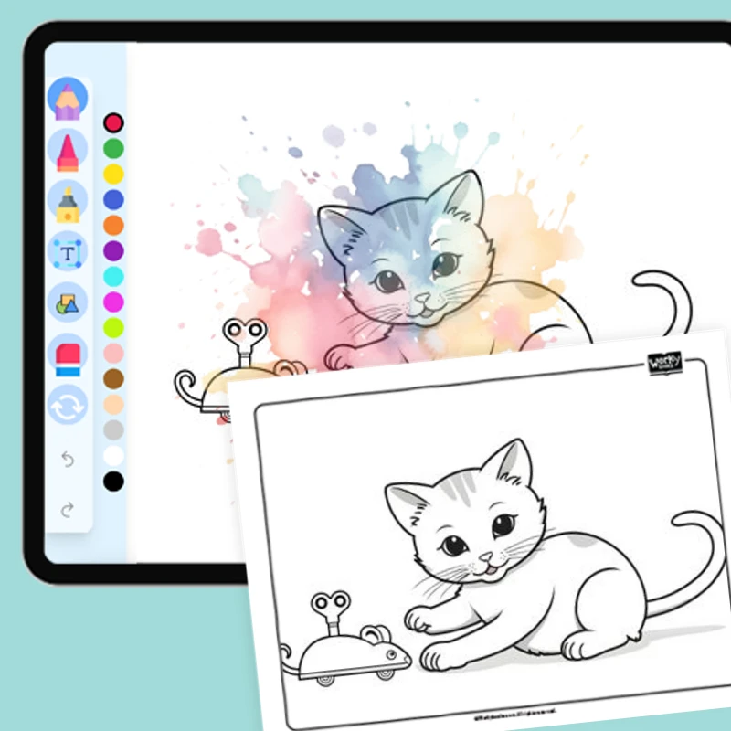 Cat playing with a toy mouse — coloring-pages coloring page for Grade 1, Grade 2, Grade 3, Grade 4, Grade 5, page 1 of 1