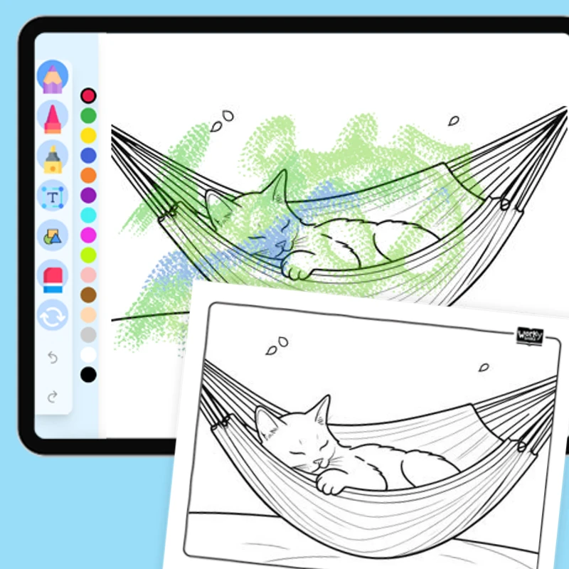 Cat napping in a hammock — coloring-pages coloring page for Grade 1, Grade 2, Grade 3, Grade 4, Grade 5, page 1 of 1