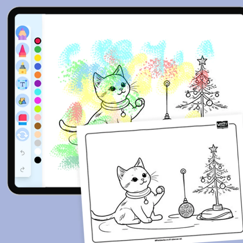 Cat playing with a Christmas ornament — coloring-pages coloring page for Grade 1, Grade 2, Grade 3, Grade 4, Grade 5, page 1 of 1