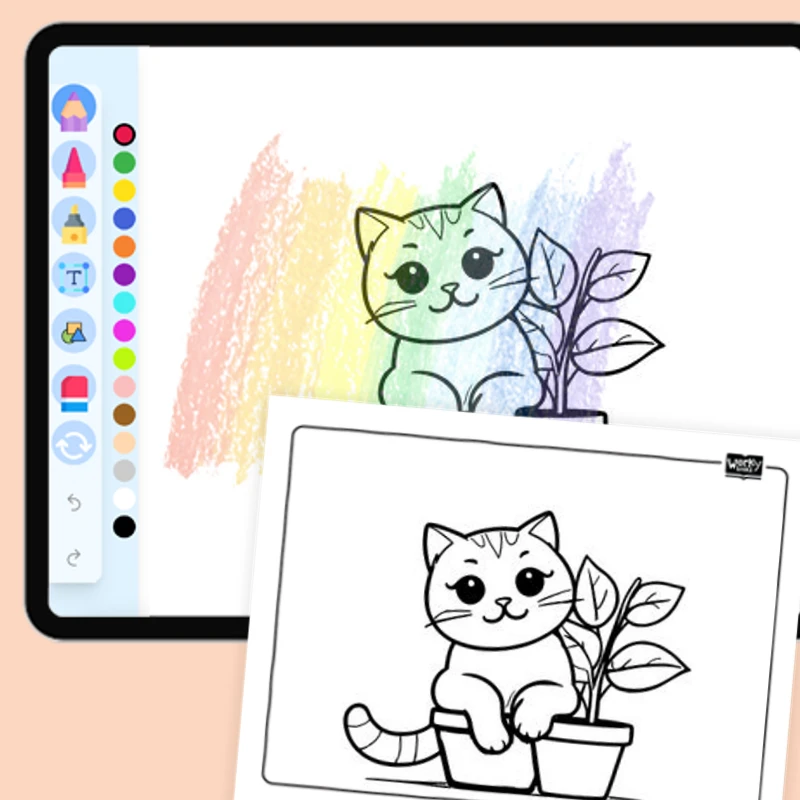 Cat playing with a potted plant — coloring-pages coloring page for Grade 1, Grade 2, Grade 3, Grade 4, Grade 5, page 1 of 1