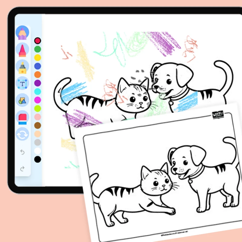 Cat and dog playing together — coloring-pages coloring page for Grade 1, Grade 2, Grade 3, Grade 4, Grade 5, page 1 of 1