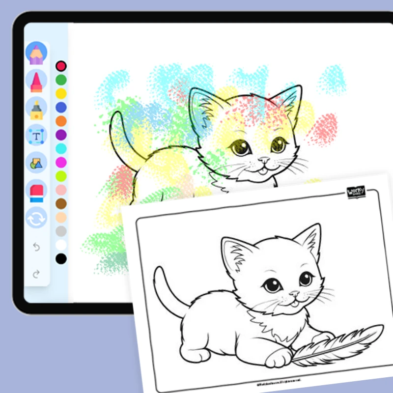 Kitten Playing with Feather Toy — coloring-pages coloring page for Grade 1, Grade 2, Grade 3, Grade 4, Grade 5, page 1 of 1
