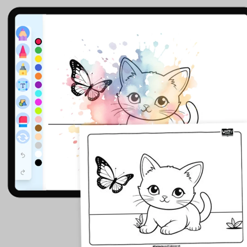 Cat and Butterfly — coloring-pages coloring page for Grade 1, Grade 2, Grade 3, Grade 4, Grade 5, page 1 of 1