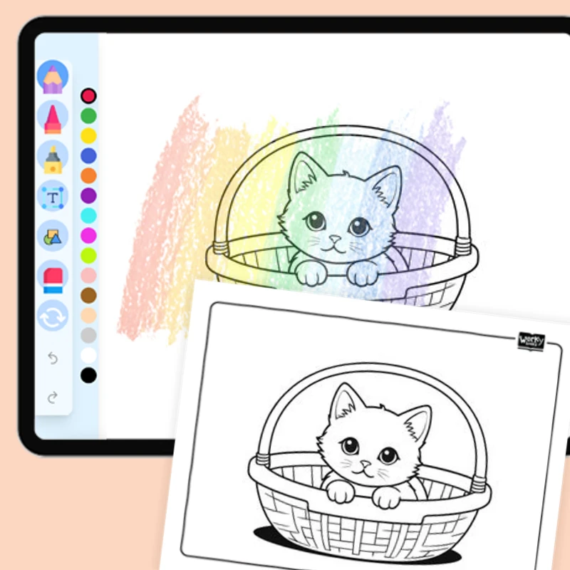 Kitty in a Basket — coloring-pages coloring page for Grade 1, Grade 2, Grade 3, Grade 4, Grade 5, page 1 of 1