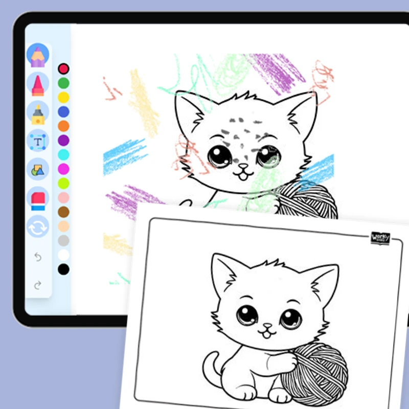 Kitten with Yarn Ball — coloring-pages coloring page for Grade 1, Grade 2, Grade 3, Grade 4, Grade 5, page 1 of 1