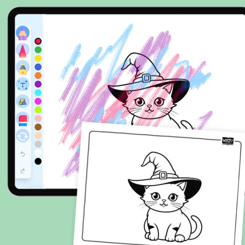 Cat wearing a witch hat — coloring-pages coloring page for Grade 1, Grade 2, Grade 3, Grade 4, Grade 5, page 1 of 1
