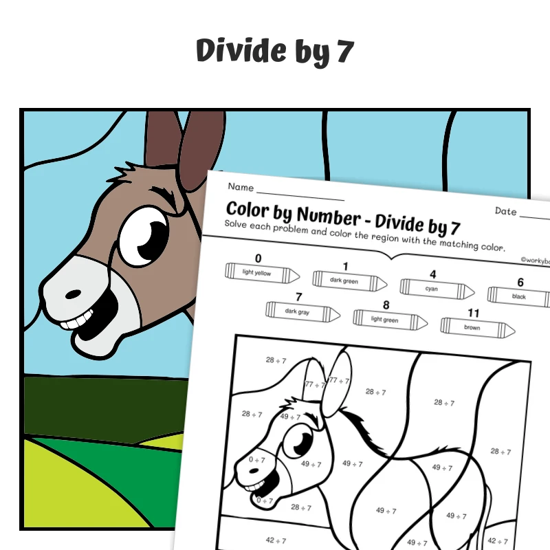 div by 7 Color by Number — Farm Animal Donkey — math worksheet for Grade 3, page 1 of 1