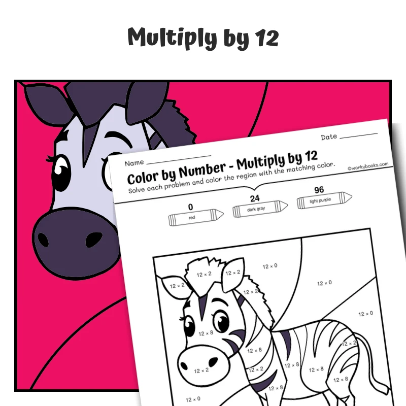 × 12 Color by Number — Zoo Animal Zebra — math worksheet for Grade 3, Grade 4, page 1 of 1