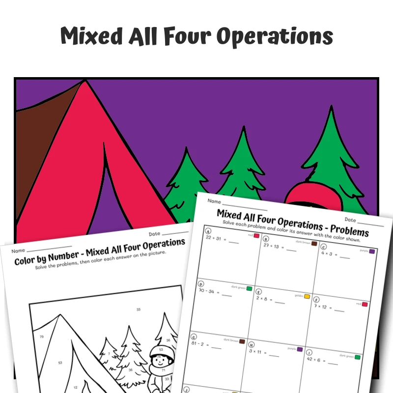 Four Operations Mixed Color by Number — winter 13 — math worksheet for Grade 4, Grade 5, page 1 of 1