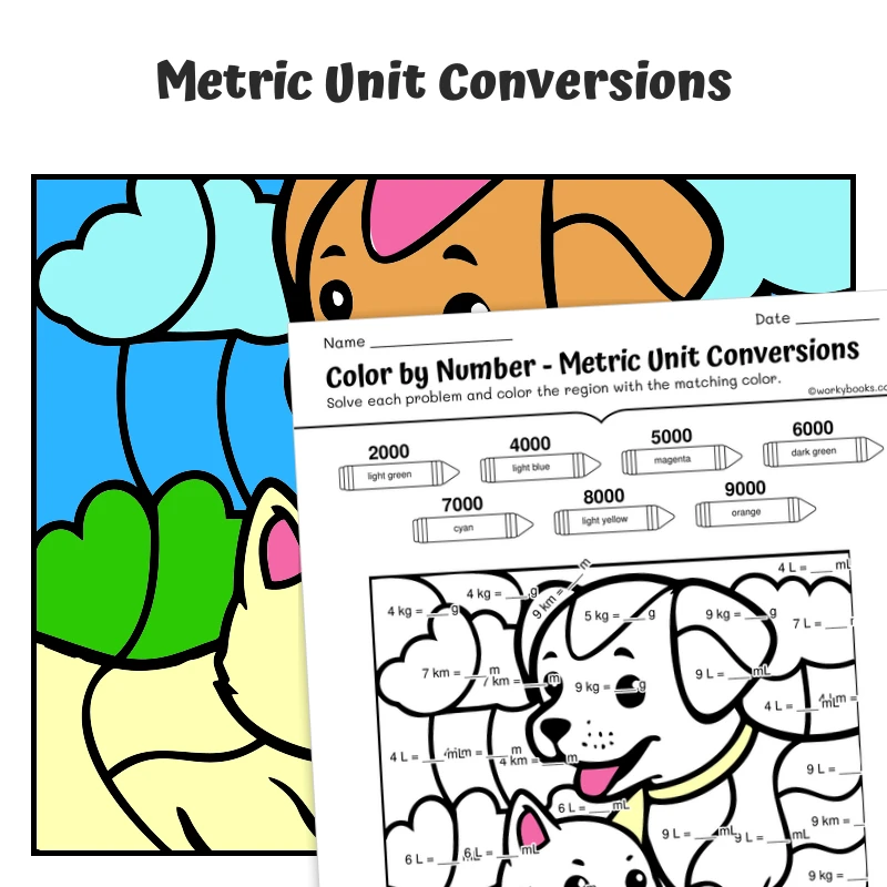 Metric Conversions Color by Number — Cat and dog playing together — math worksheet for Grade 4, Grade 5, page 1 of 1
