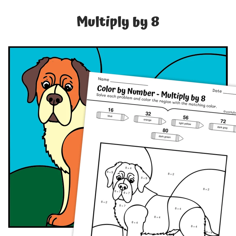 × 8 Color by Number — Saint Bernard Dog — math worksheet for Grade 3, page 1 of 1