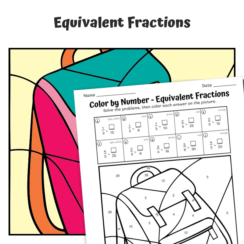Equivalent Fractions Color by Number — School bag — math worksheet for Grade 3, Grade 4, page 1 of 1