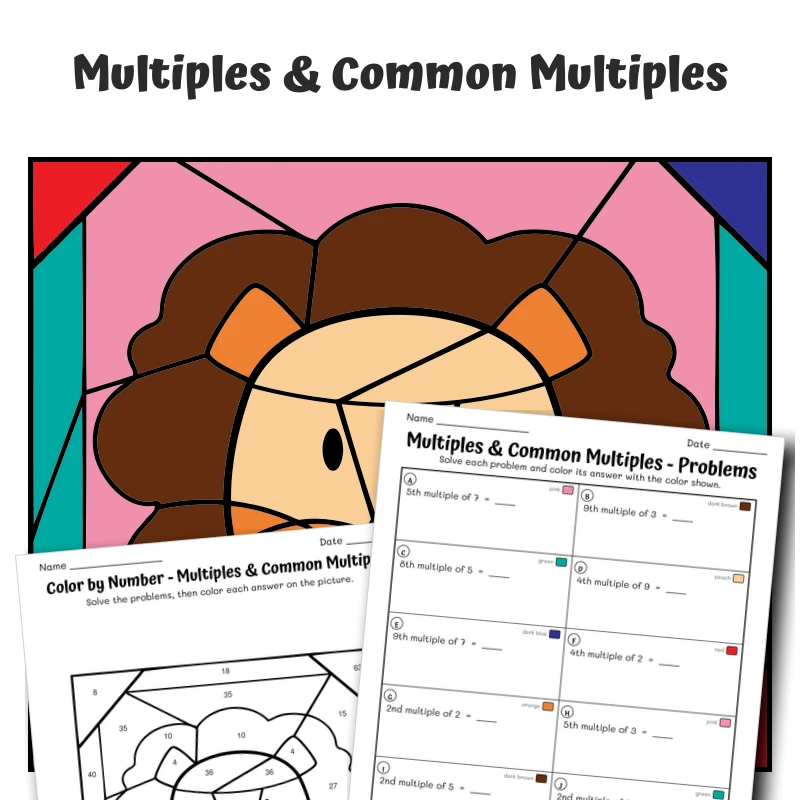 Multiples Color by Number — Animal face - Lion — math worksheet for Grade 4, page 1 of 1