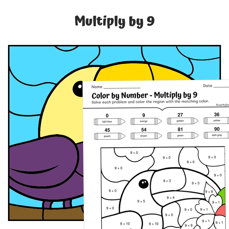 × 9 Color by Number — Hippo with heart-shaped ears — math worksheet for Grade 3, page 1 of 1