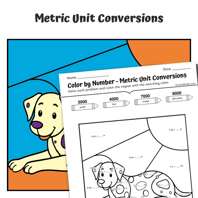 Metric Conversions Color by Number — Sleepy Dalmatian — math worksheet for Grade 4, Grade 5, page 1 of 1