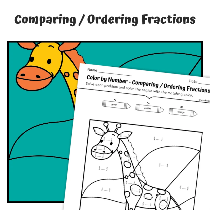 Compare Fractions Color by Number — Zoo Animal Giraffe — math worksheet for Grade 3, Grade 4, page 1 of 1