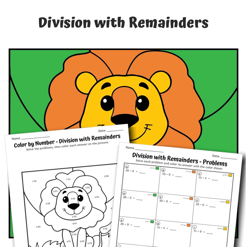 Division with Remainders Color by Number — Zoo Animal Lion — math worksheet for Grade 4, page 1 of 1