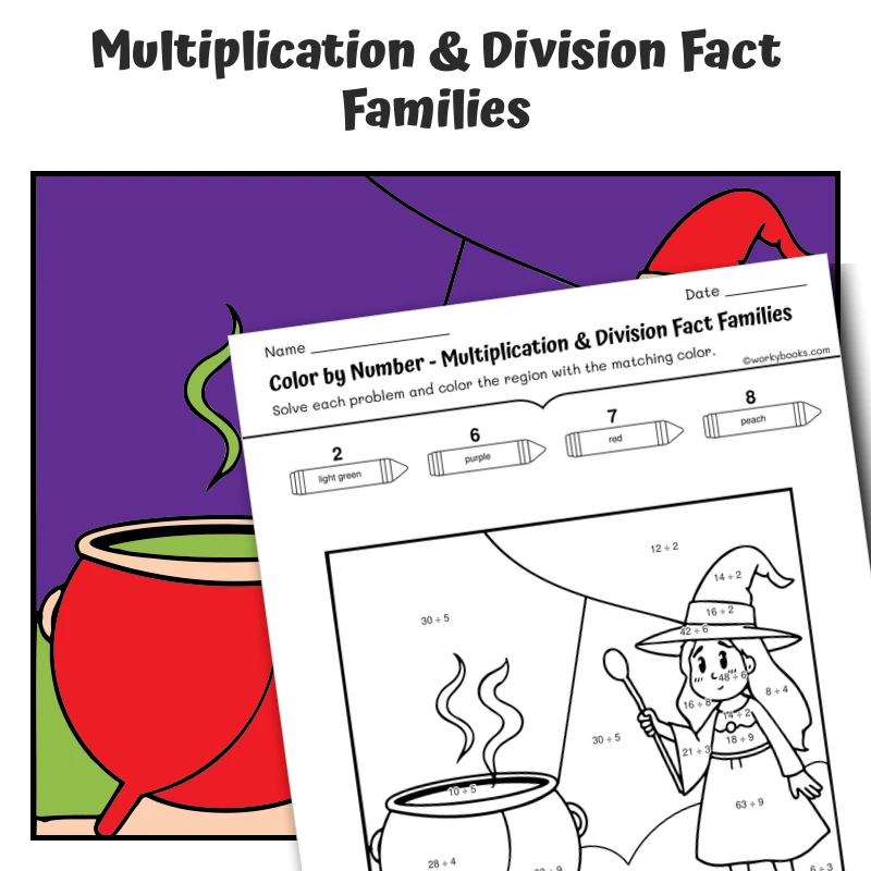 Mult/Div Fact Families Color by Number — Witch Stirring a Cauldron — math worksheet for Grade 3, page 1 of 1