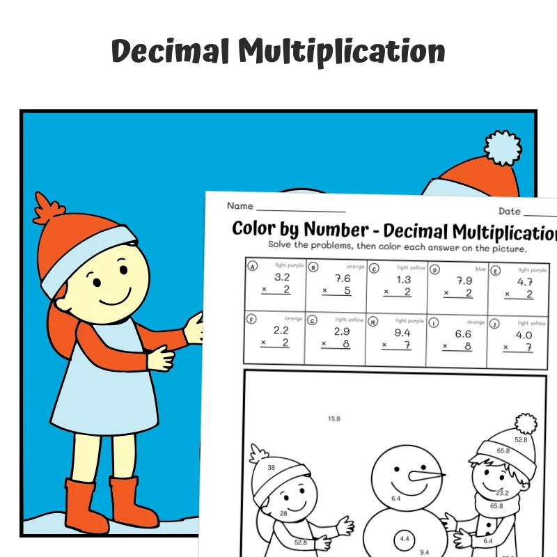 Decimal Multiplication Color by Number — winter 1-4 — math worksheet for Grade 5, page 1 of 1